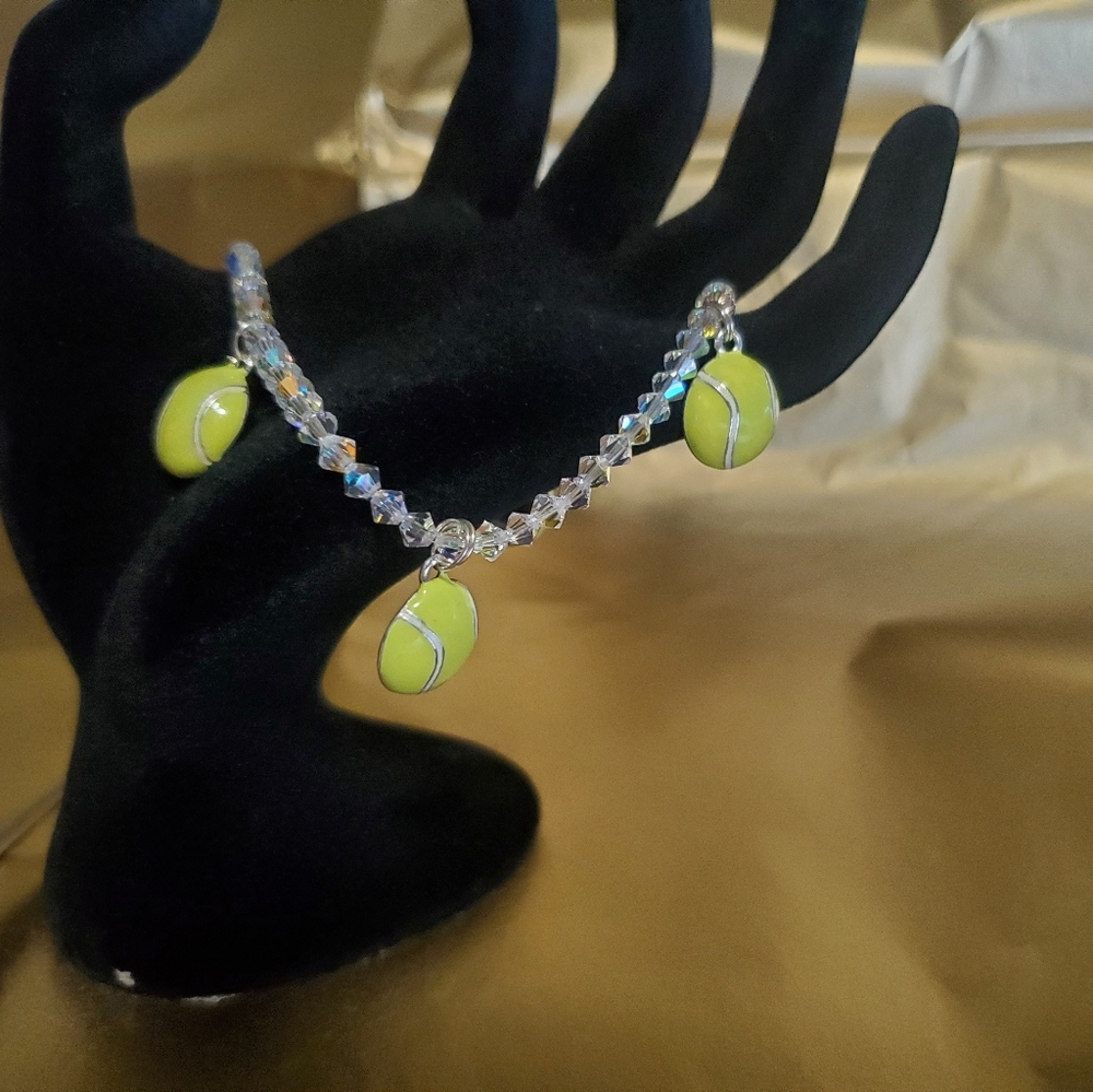 Swarovski Crystal and Sterling Silver Stretch Ankle Braclet w/Tennis Ball charms